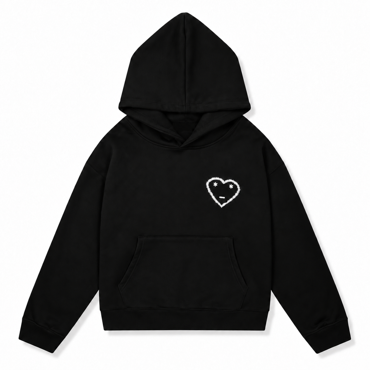 Black heart hoodie front without neck label