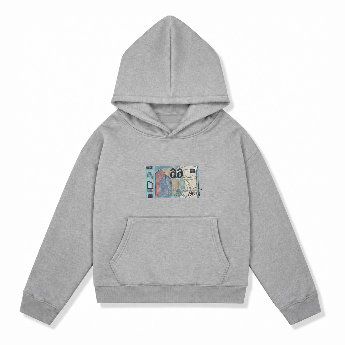 Grey graphic hoodie front without neck label
